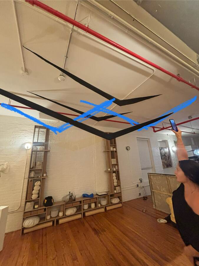 Canopy study. Sight lines and fixing points marked up on site photography.